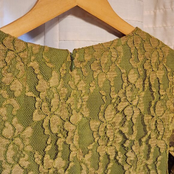 👗 VTG 60s Handmade Lace Dress Olive Mod Long Sleeve 🎯 - Picture 6 of 8